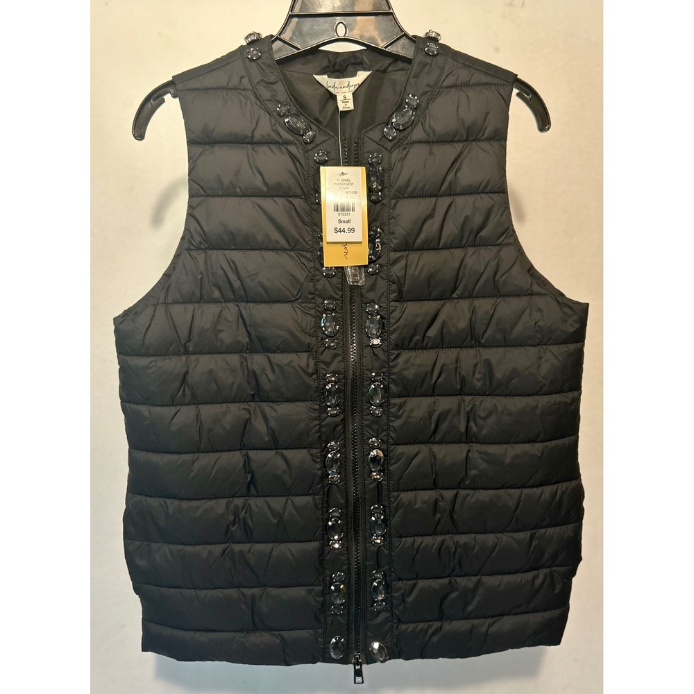 Linda Anderson Women Black Jewel Puffer Vest Crystal Embellished Small NWT